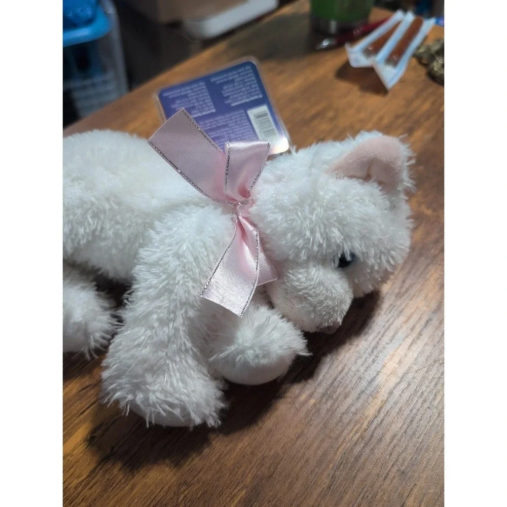 Russ Berrie 2006 Shining Stars White Cat Plush Stuffed Animal with Pink Bow